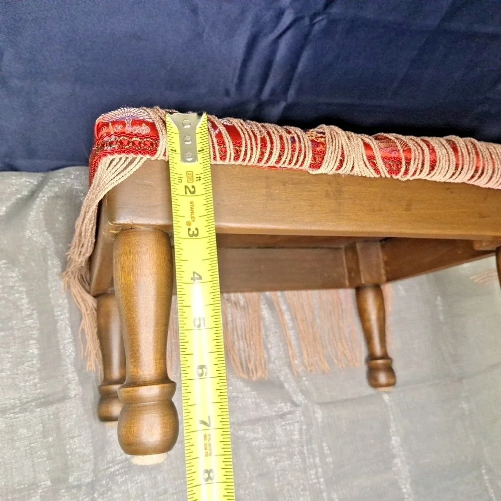 VTG Japanese Baroque‎ Red Long Fringe Upholstered Wood Footstool 14.5x10.5x8.5